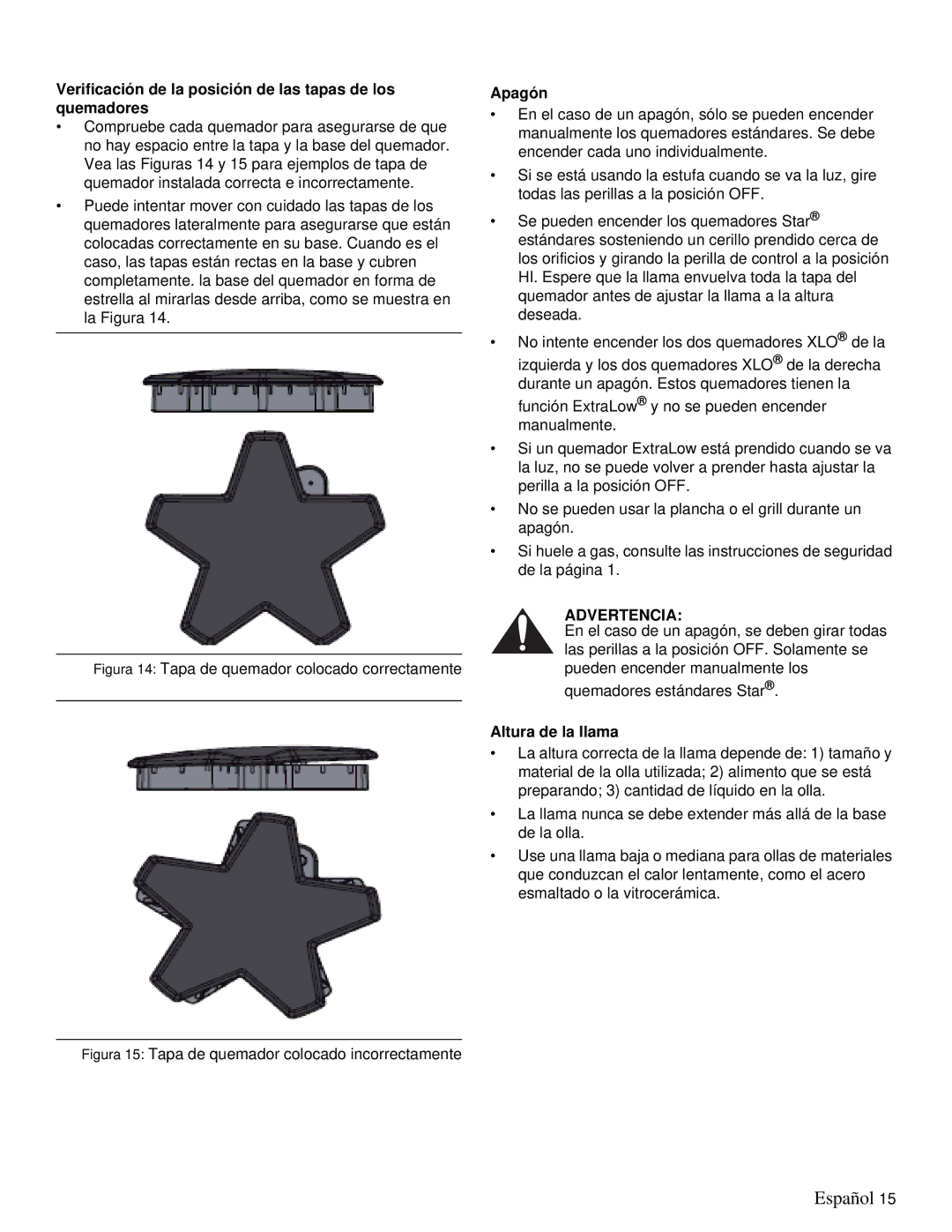 Thermador PRD36, PRD48 manual Verificación de la posición de las tapas de los quemadores, Apagón, Altura de la llama 