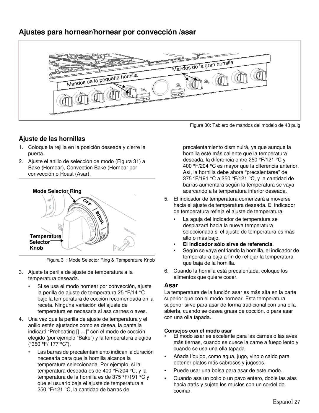 Thermador PRD36, PRD48 manual Ajustes para hornear/hornear por convección /asar, Ajuste de las hornillas, Asar 