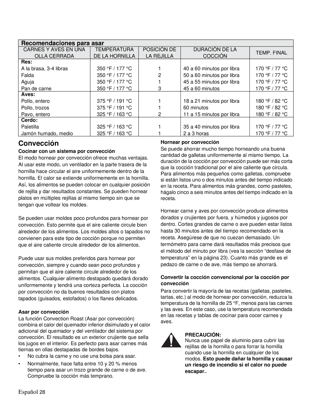 Thermador PRD48, PRD36 manual Convección, Recomendaciones para asar 