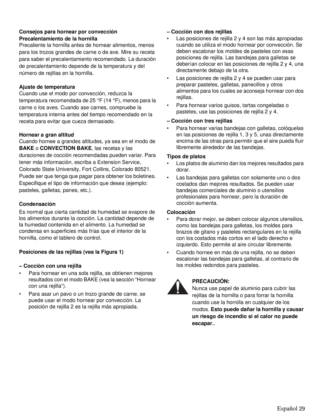 Thermador PRD36 Ajuste de temperatura, Hornear a gran altitud, Condensación, Cocción con dos rejillas, Tipos de platos 