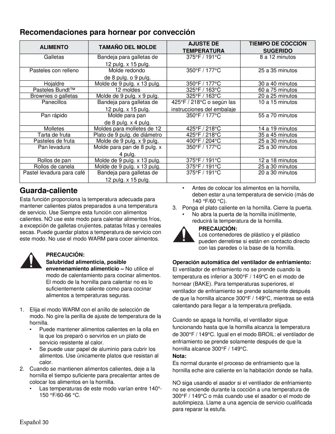 Thermador PRD48, PRD36 manual Recomendaciones para hornear por convección, Guarda-caliente 