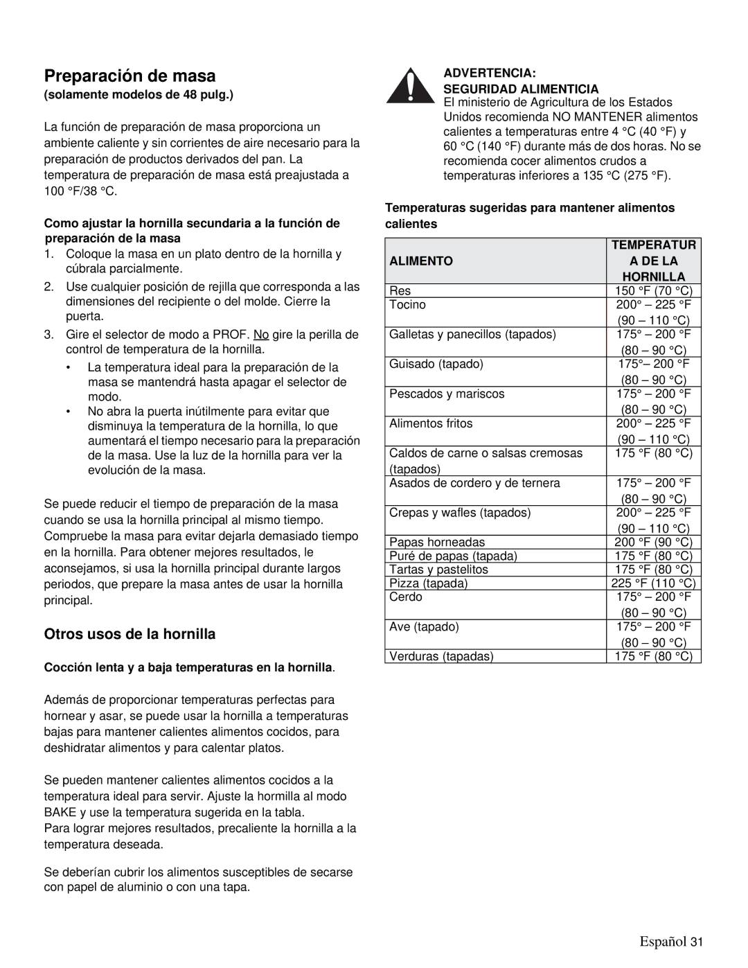 Thermador PRD36, PRD48 manual Preparación de masa, Otros usos de la hornilla, Advertencia Seguridad Alimenticia 