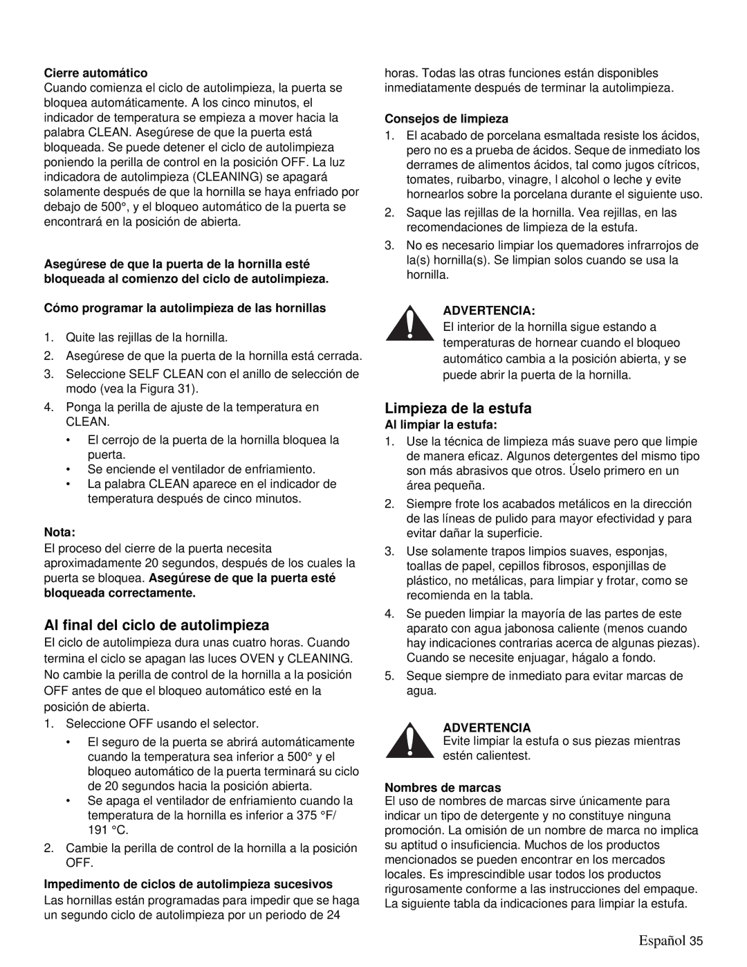 Thermador PRD36, PRD48 manual Al final del ciclo de autolimpieza, Limpieza de la estufa 