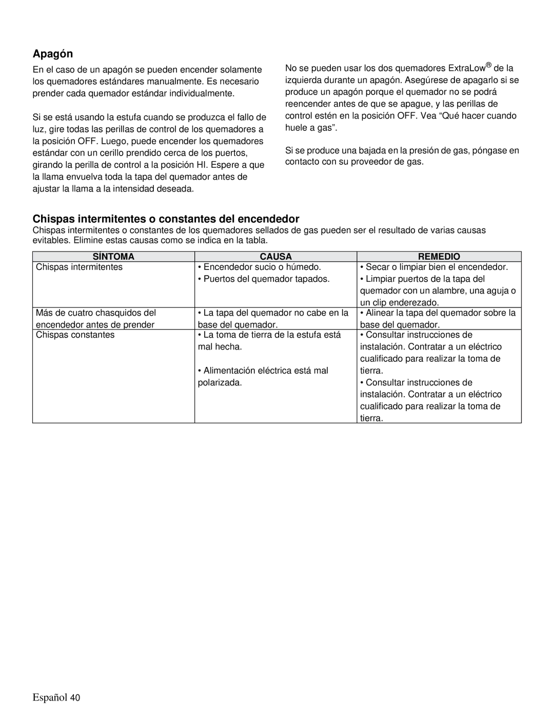 Thermador PRD48, PRD36 manual Apagón, Chispas intermitentes o constantes del encendedor, Síntoma Causa Remedio 