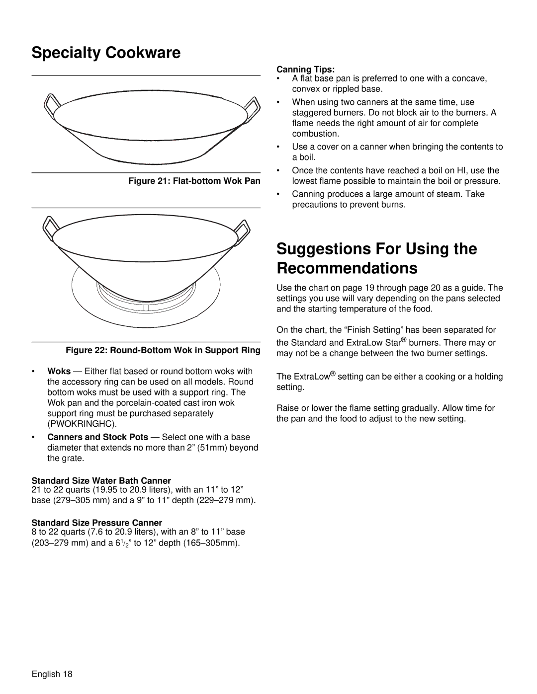 Thermador PRD36, PRD48 manual Specialty Cookware, Suggestions For Using the Recommendations, Standard Size Water Bath Canner 