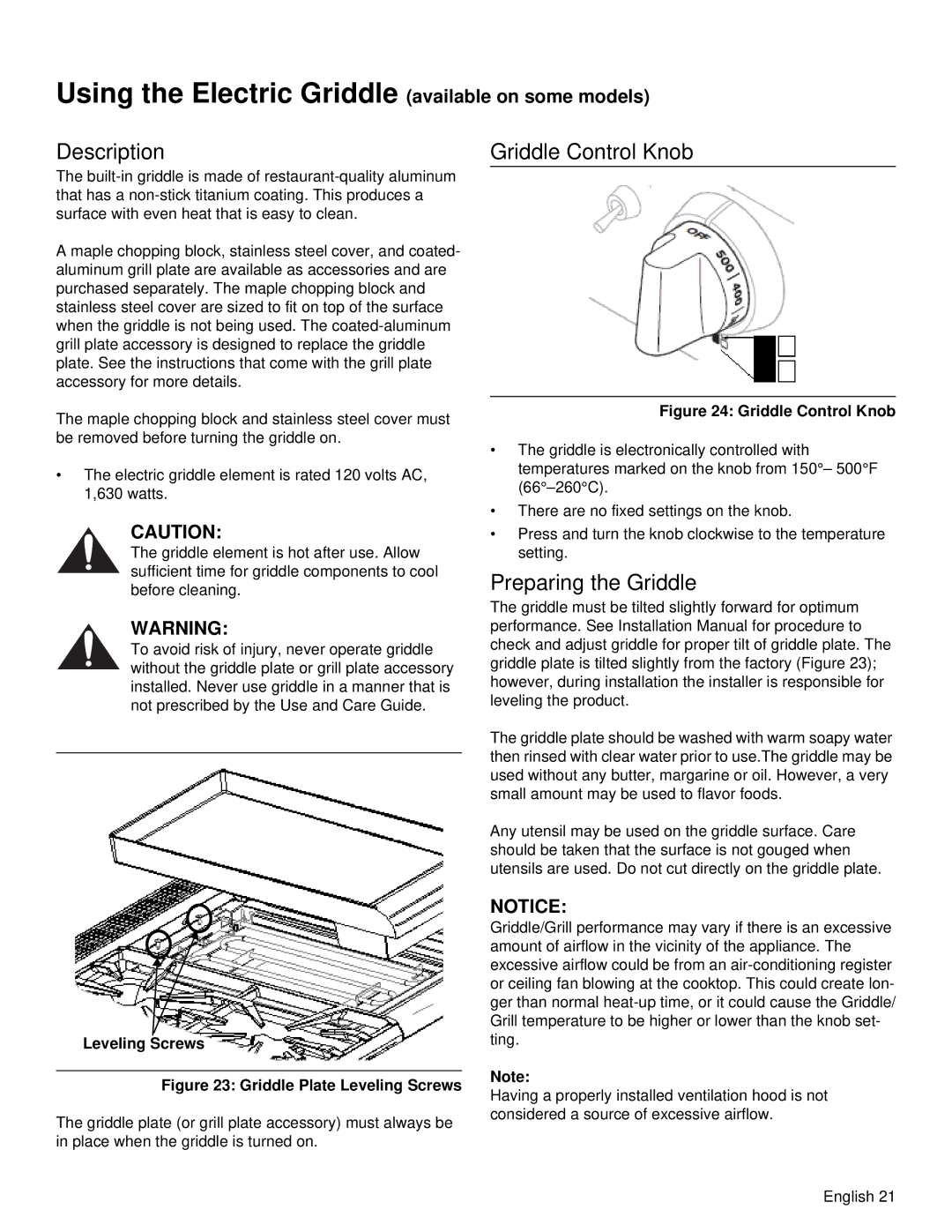 Thermador PRD48 Using the Electric Griddle available on some models, Description, Preparing the Griddle, Leveling Screws 