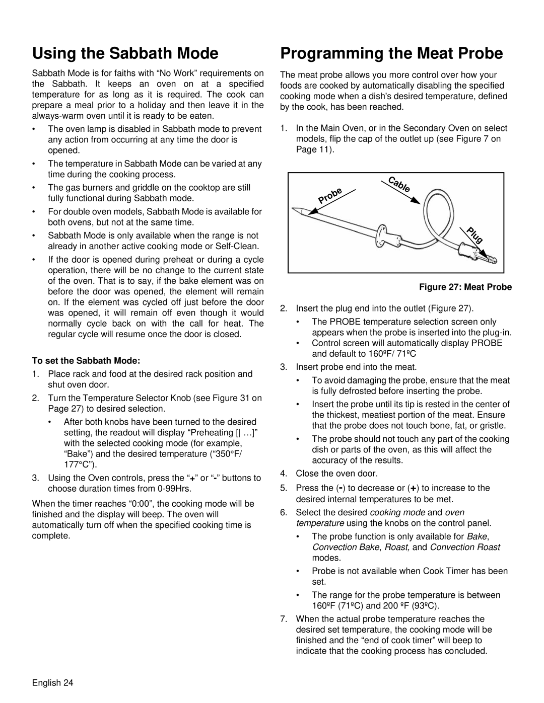 Thermador PRD36, PRD48 manual Using the Sabbath Mode, Programming the Meat Probe, Plug, To set the Sabbath Mode 