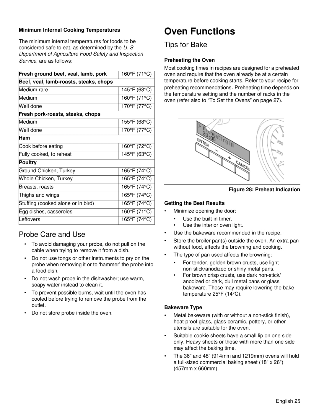 Thermador PRD48, PRD36 manual Oven Functions, Probe Care and Use, Tips for Bake 