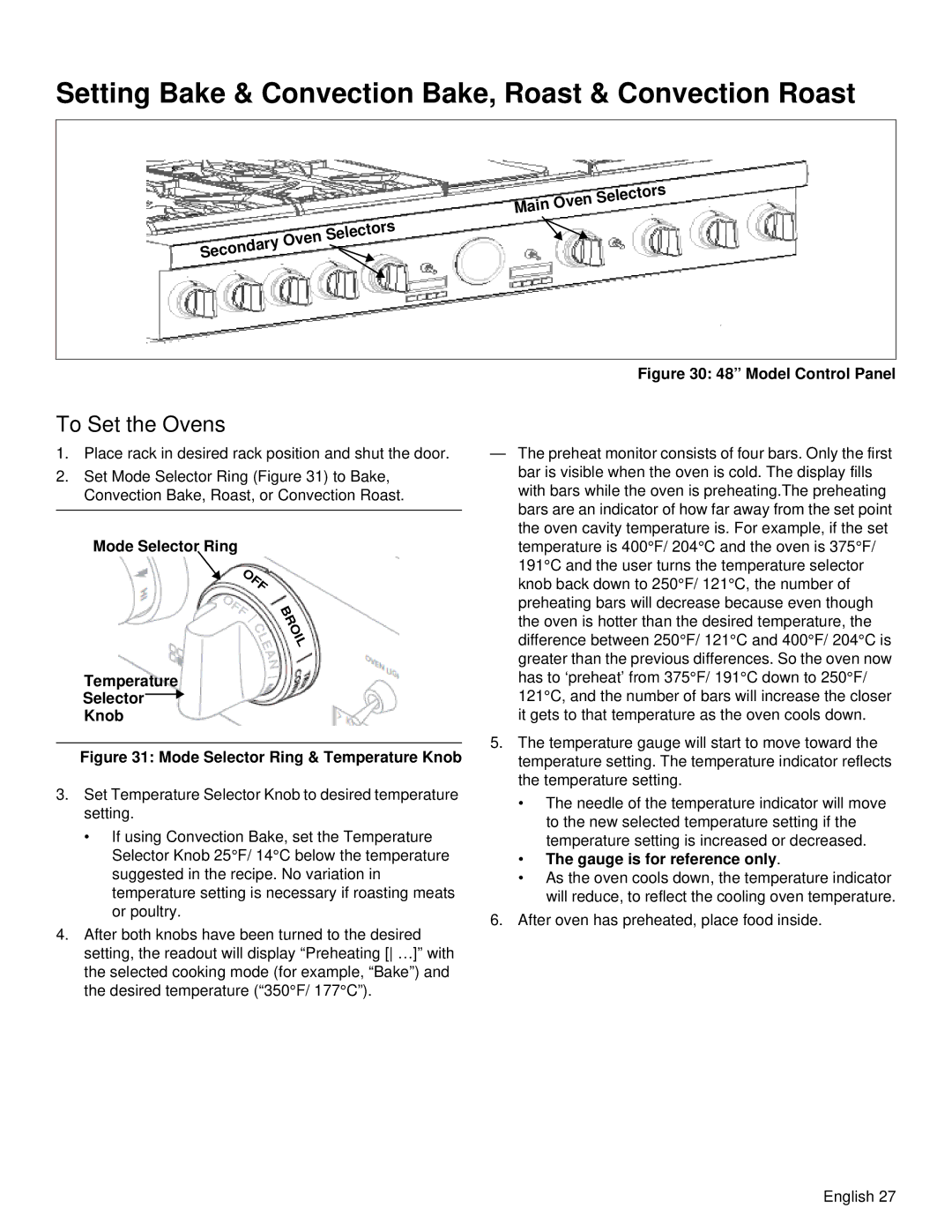 Thermador PRD48, PRD36 manual Setting Bake & Convection Bake, Roast & Convection Roast, To Set the Ovens 