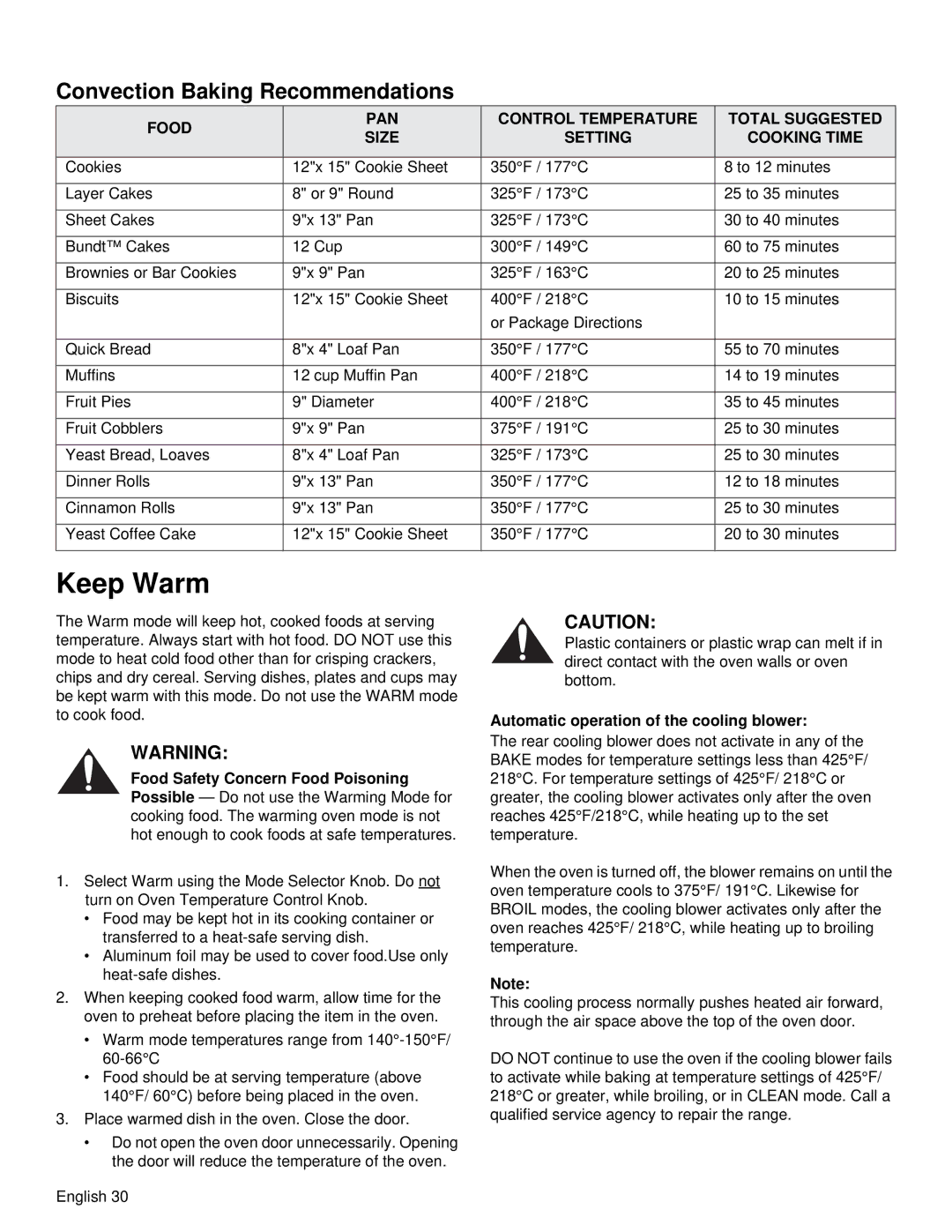 Thermador PRD36, PRD48 manual Keep Warm, Convection Baking Recommendations, Automatic operation of the cooling blower 