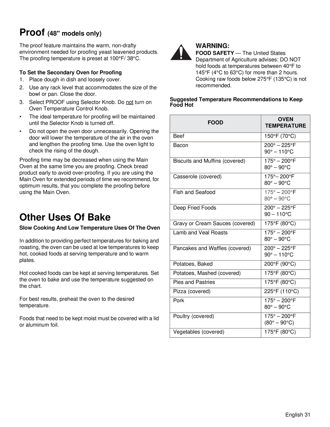 Thermador PRD48, PRD36 manual Other Uses Of Bake, Proof 48 models only, Food Oven Temperature 