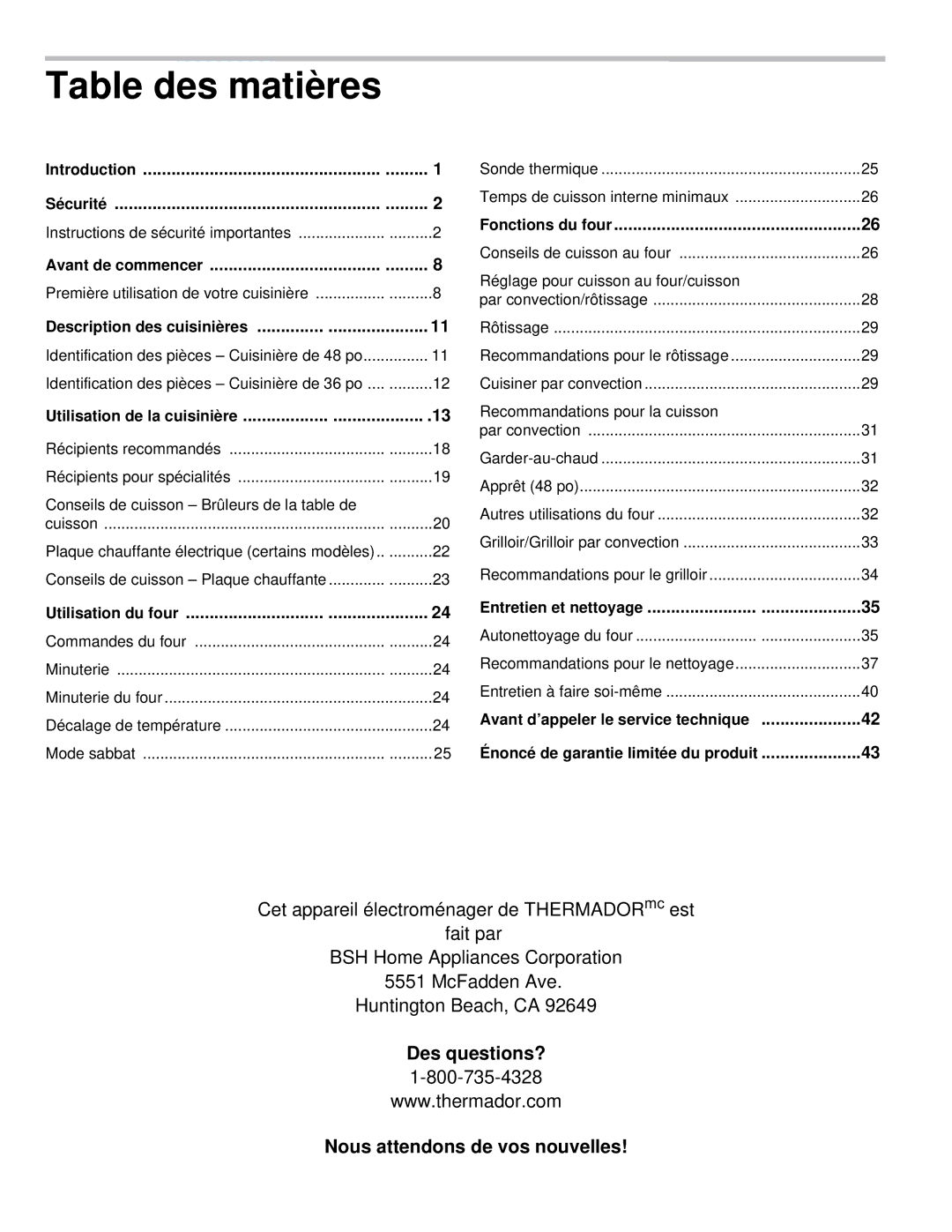 Thermador PRD36 Table des matières, Des questions? Nous attendons de vos nouvelles, Avant d’appeler le service technique 