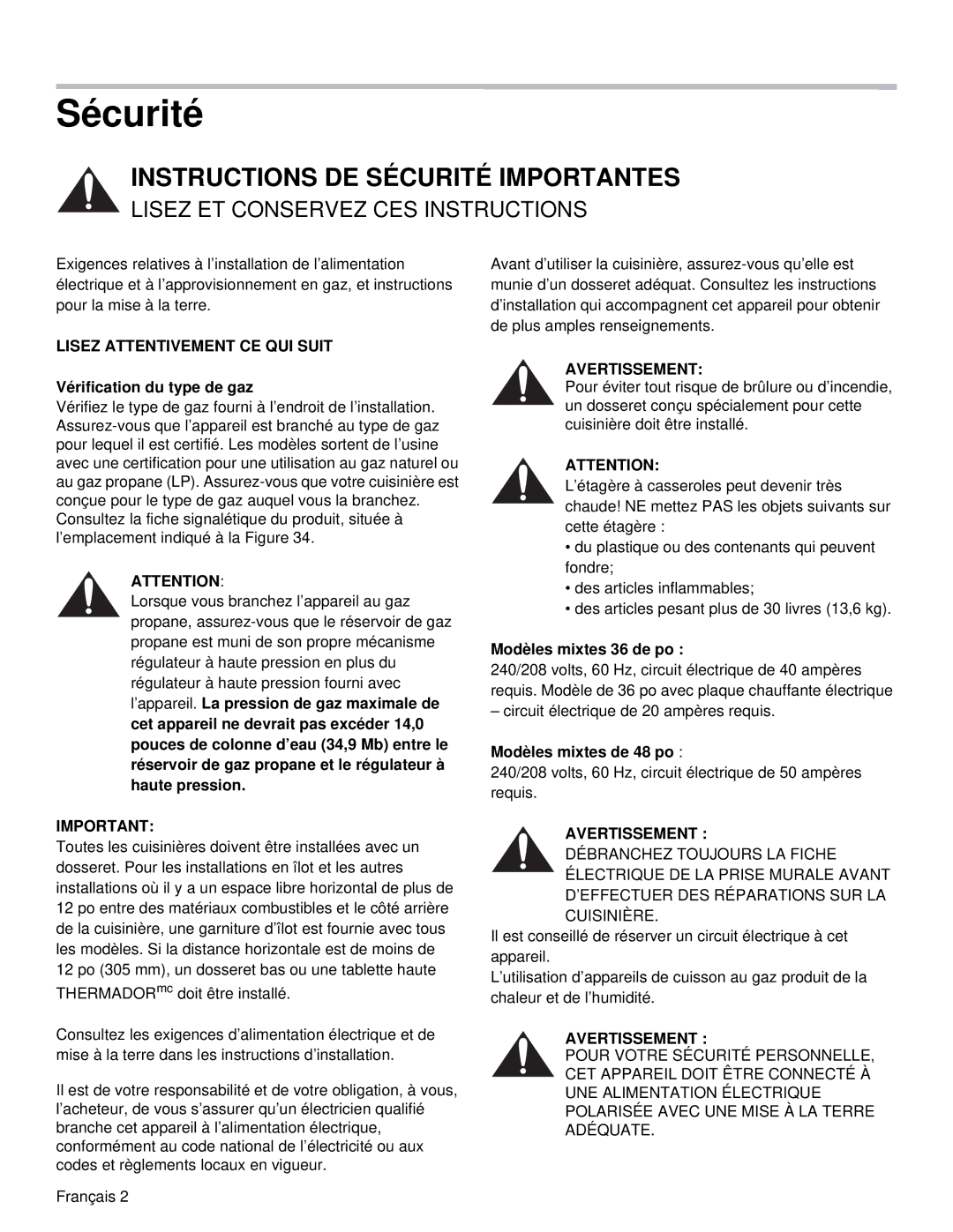 Thermador PRD36, PRD48 Sécurité, Lisez Attentivement CE QUI Suit, Vérification du type de gaz, Modèles mixtes 36 de po 