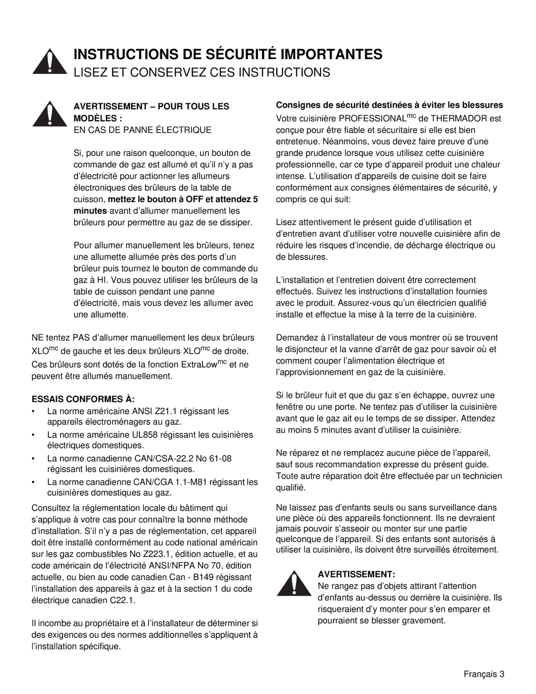 Thermador PRD48, PRD36 manual Avertissement Pour Tous LES Modèles, Essais Conformes À 