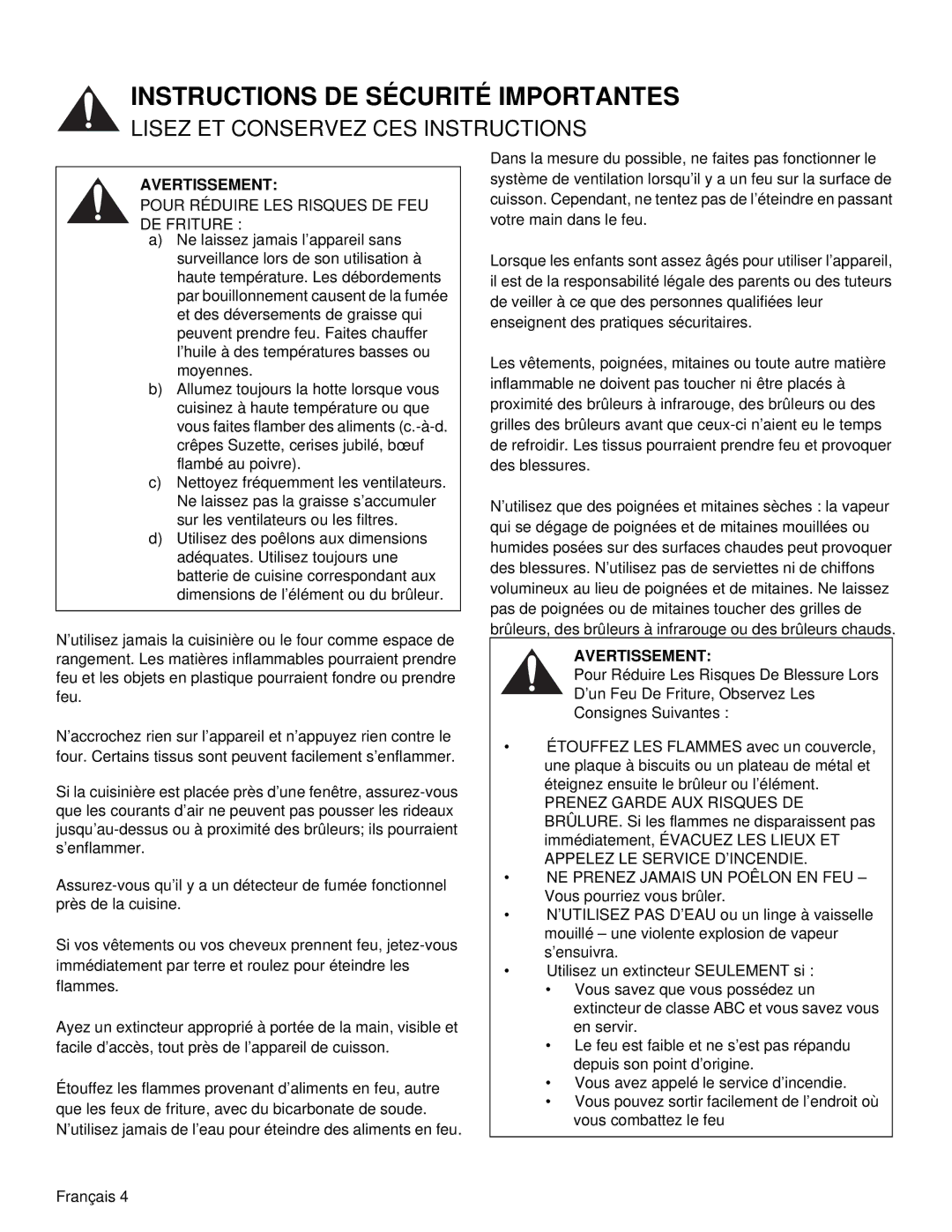 Thermador PRD36, PRD48 manual Pour Réduire LES Risques DE FEU DE Friture 