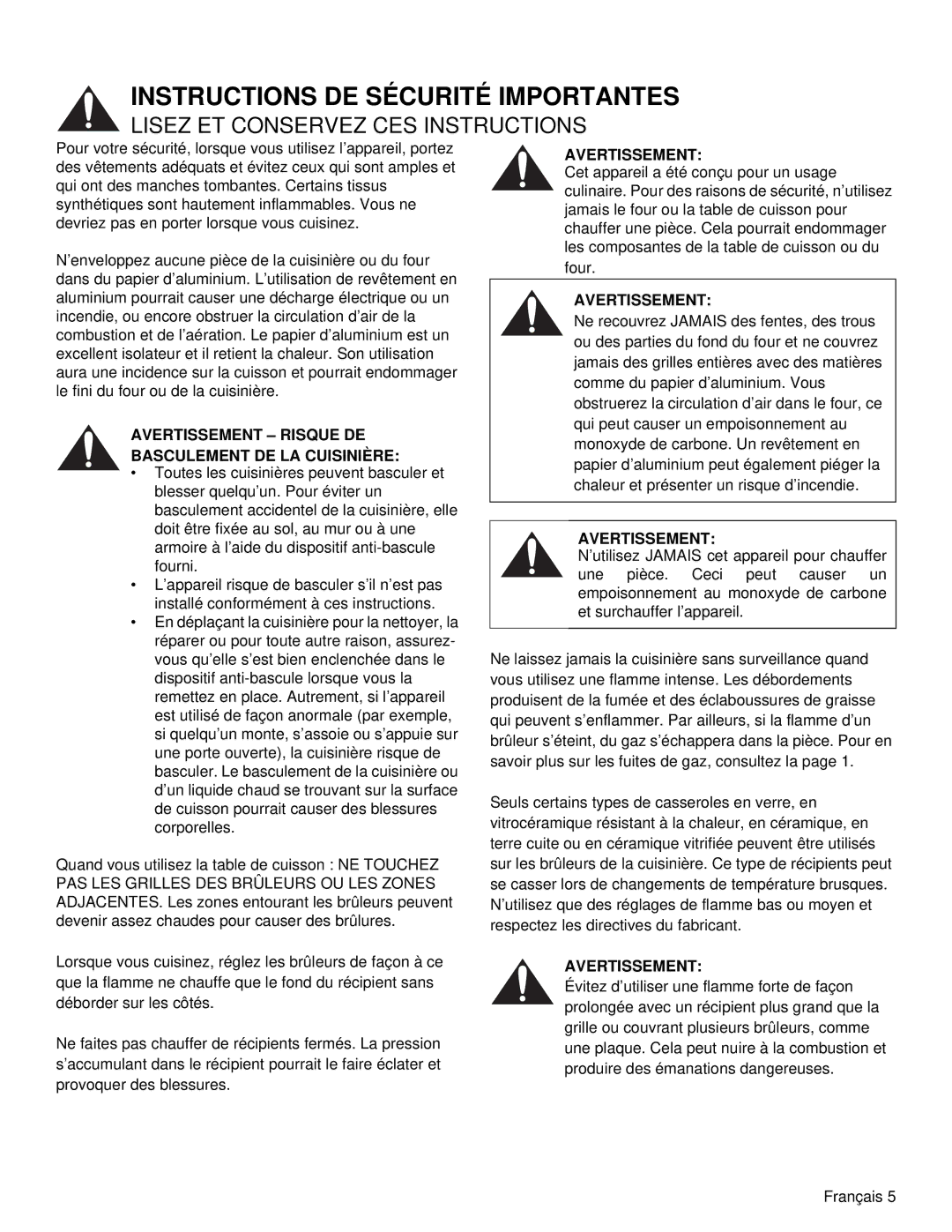 Thermador PRD48, PRD36 manual Avertissement Risque DE Basculement DE LA Cuisinière 