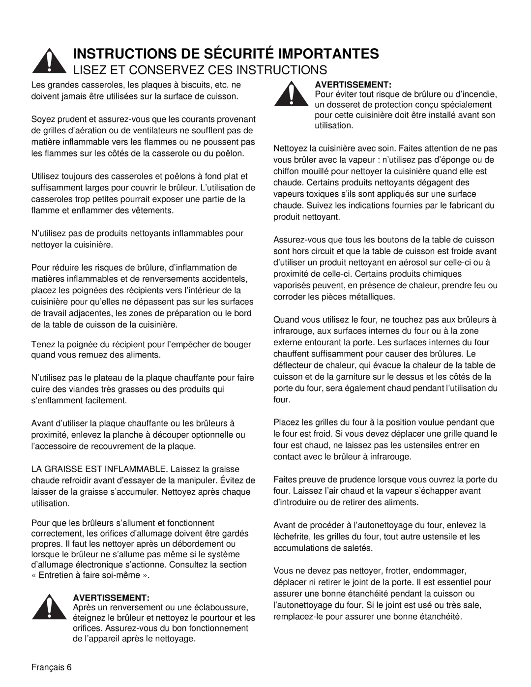 Thermador PRD36, PRD48 manual Instructions DE Sécurité Importantes 