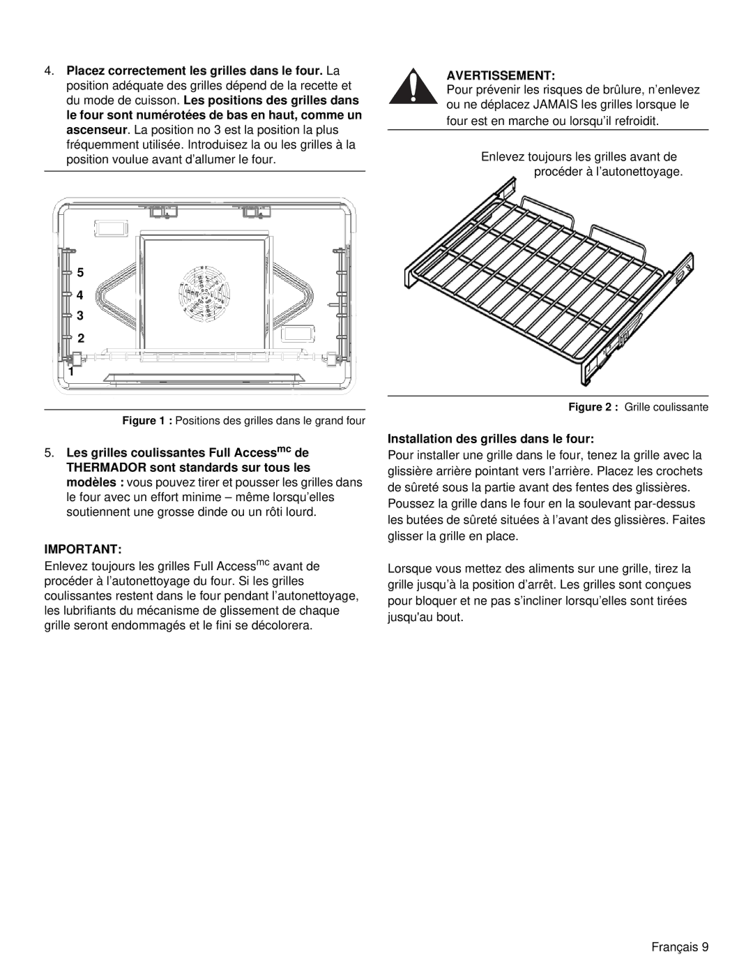 Thermador PRD48, PRD36 manual Installation des grilles dans le four, Positions des grilles dans le grand four 