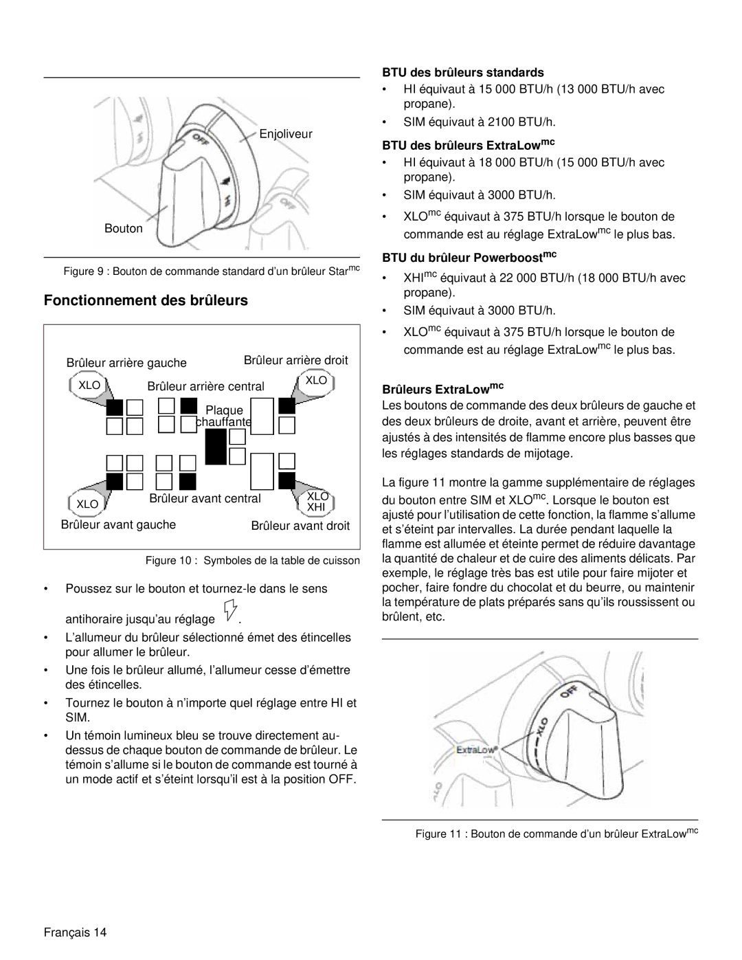 Thermador PRD36 Fonctionnement des brûleurs, BTU des brûleurs standards, BTU des brûleurs ExtraLowmc, Brûleurs ExtraLowmc 