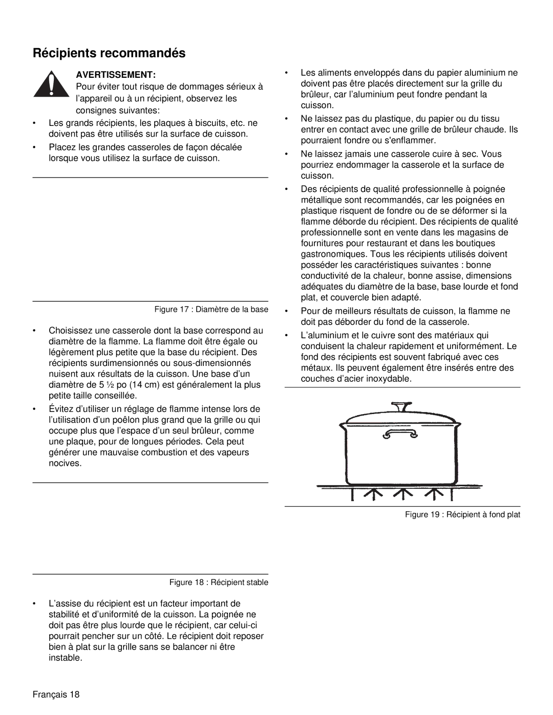 Thermador PRD36, PRD48 manual Récipients recommandés, Diamètre de la base 