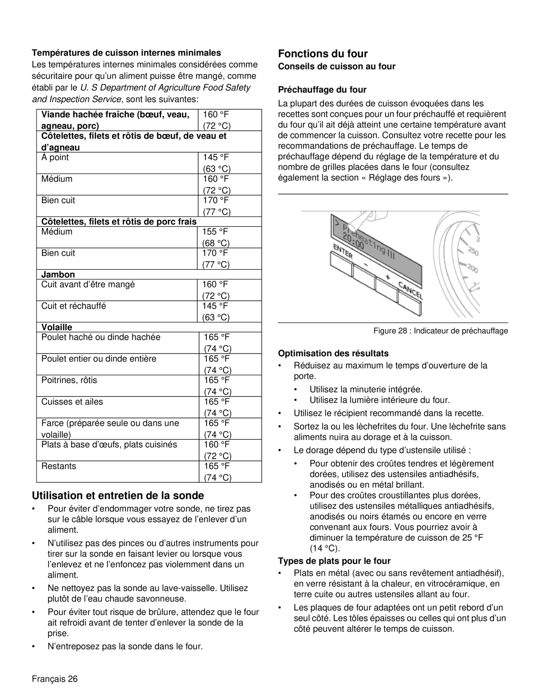 Thermador PRD36, PRD48 manual Utilisation et entretien de la sonde, Fonctions du four 