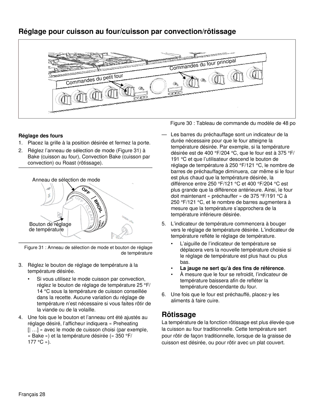 Thermador PRD36, PRD48 manual Rôtissage, Réglage des fours, La jauge ne sert qu’à des fins de référence 