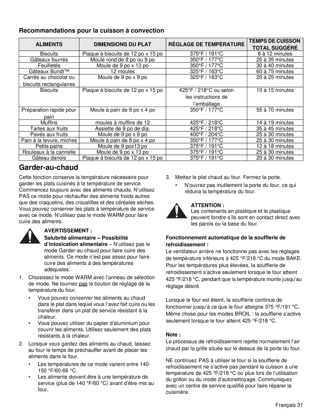 Thermador PRD48, PRD36 manual Garder-au-chaud, Recommandations pour la cuisson à convection 