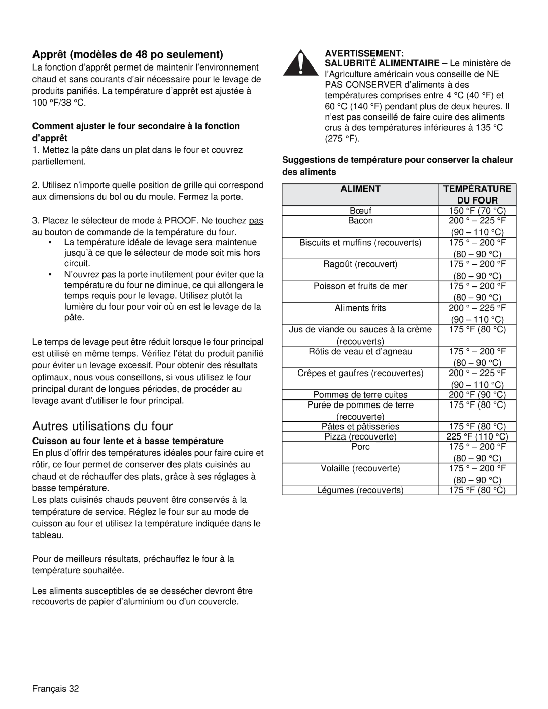 Thermador PRD36, PRD48 manual Autres utilisations du four, Apprêt modèles de 48 po seulement, Aliment Température DU Four 