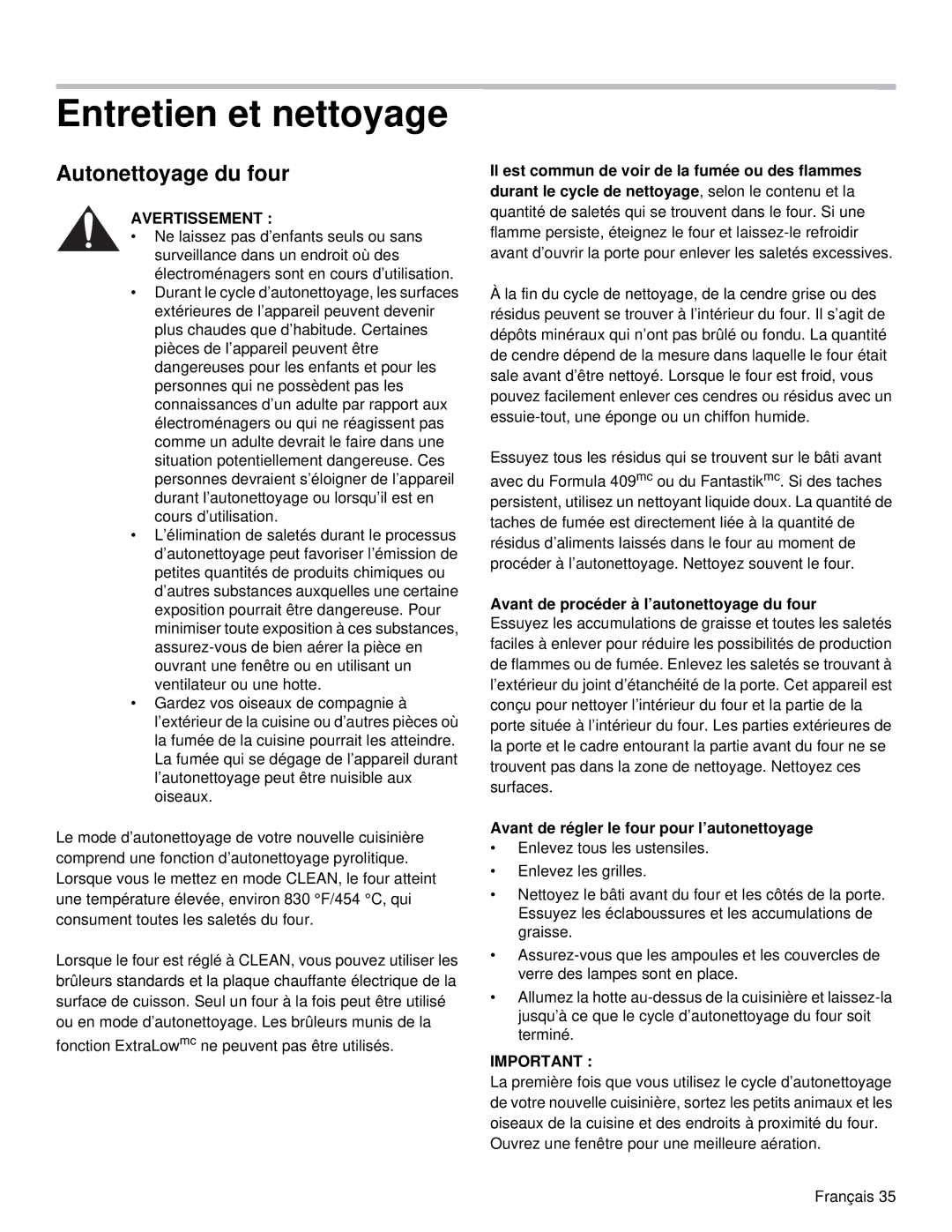 Thermador PRD48, PRD36 manual Entretien et nettoyage, Autonettoyage du four, Avant de procéder à l’autonettoyage du four 