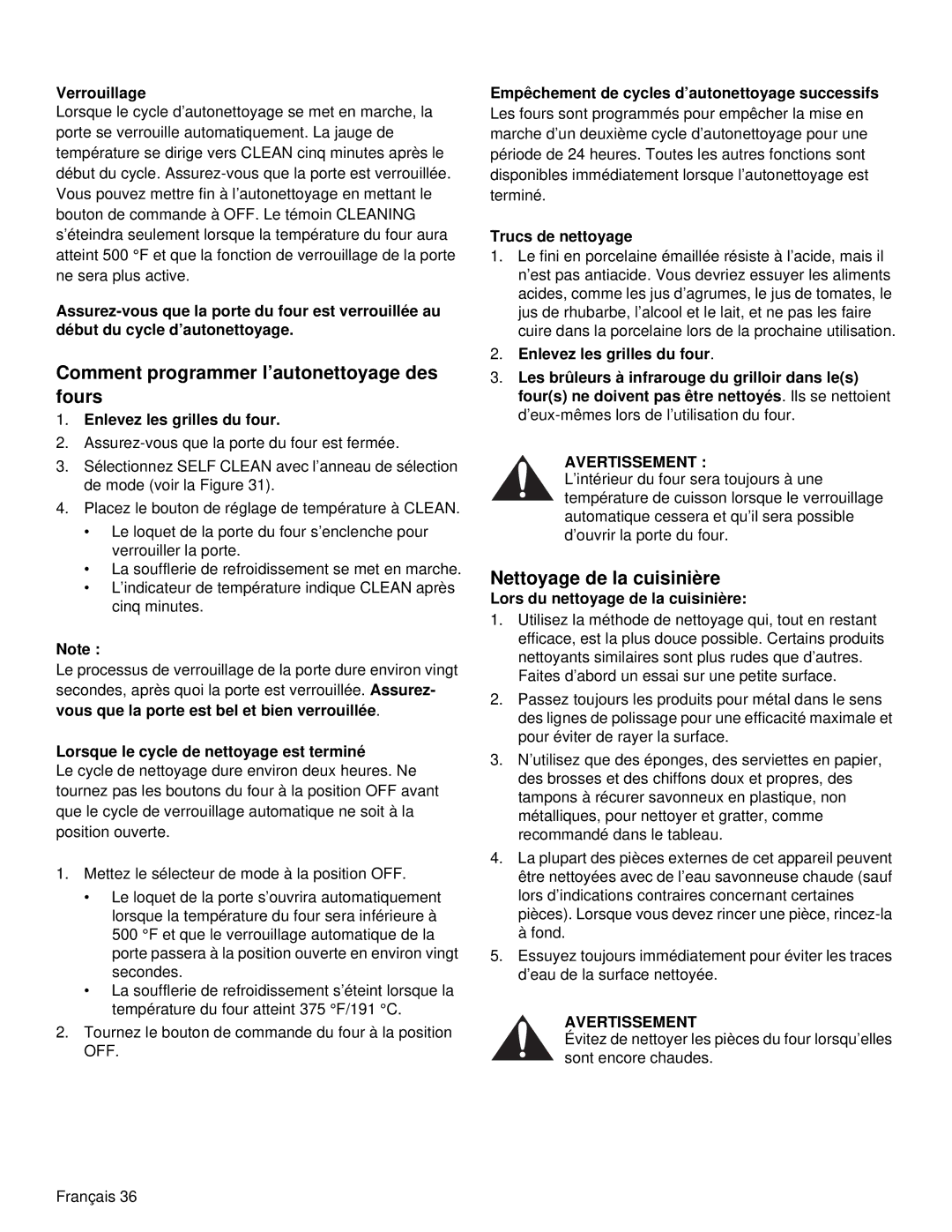 Thermador PRD36, PRD48 manual Comment programmer l’autonettoyage des fours, Nettoyage de la cuisinière 