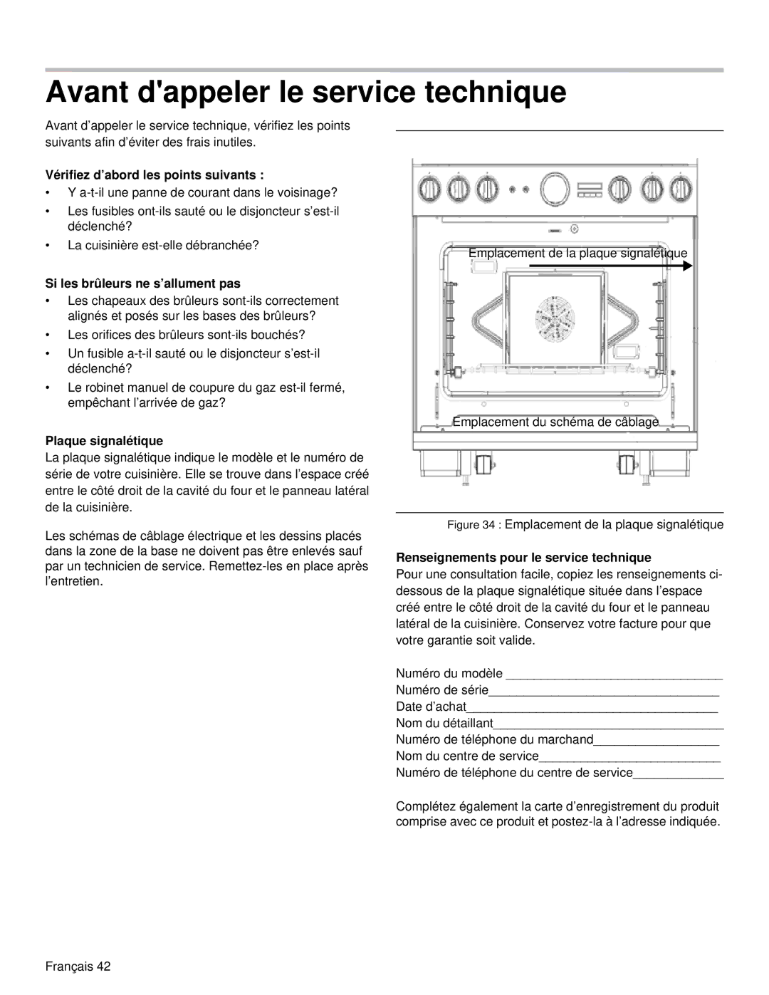 Thermador PRD36, PRD48 manual Avant dappeler le service technique, Vérifiez d’abord les points suivants, Plaque signalétique 