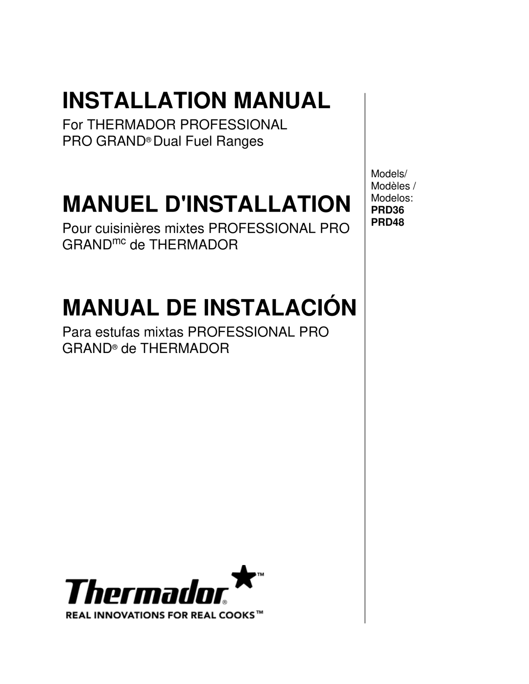 Thermador PRD36, PRD48 installation manual Manual DE Instalación, Models Modèles Modelos 