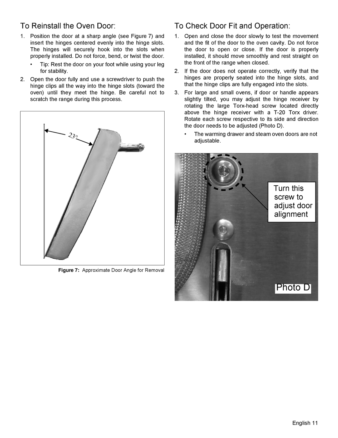 Thermador PRD36, PRD48 installation manual To Reinstall the Oven Door, Turn this screw to adjust door alignment 