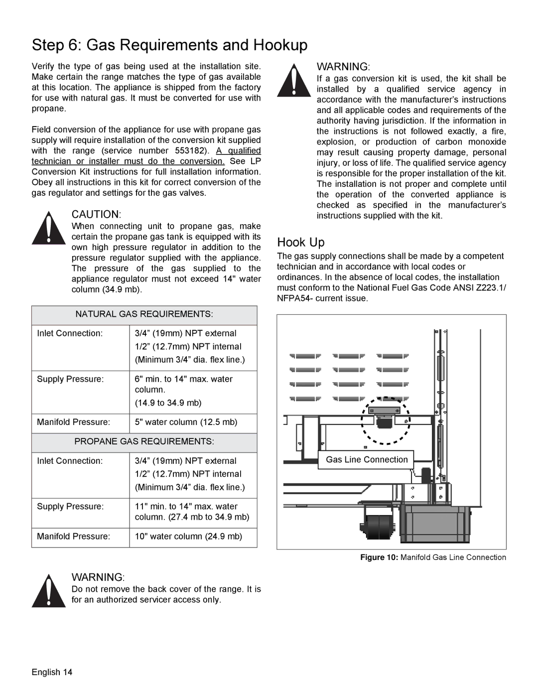 Thermador PRD48, PRD36 Gas Requirements and Hookup, Hook Up, Natural GAS Requirements, Propane GAS Requirements 