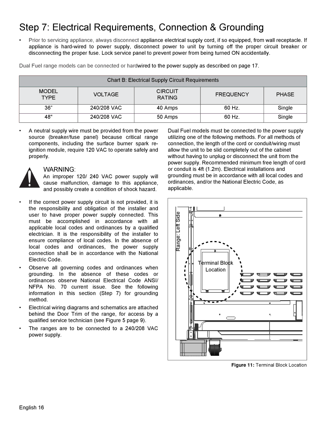 Thermador PRD48, PRD36 Electrical Requirements, Connection & Grounding, Model Voltage Circuit Frequency Phase Type Rating 