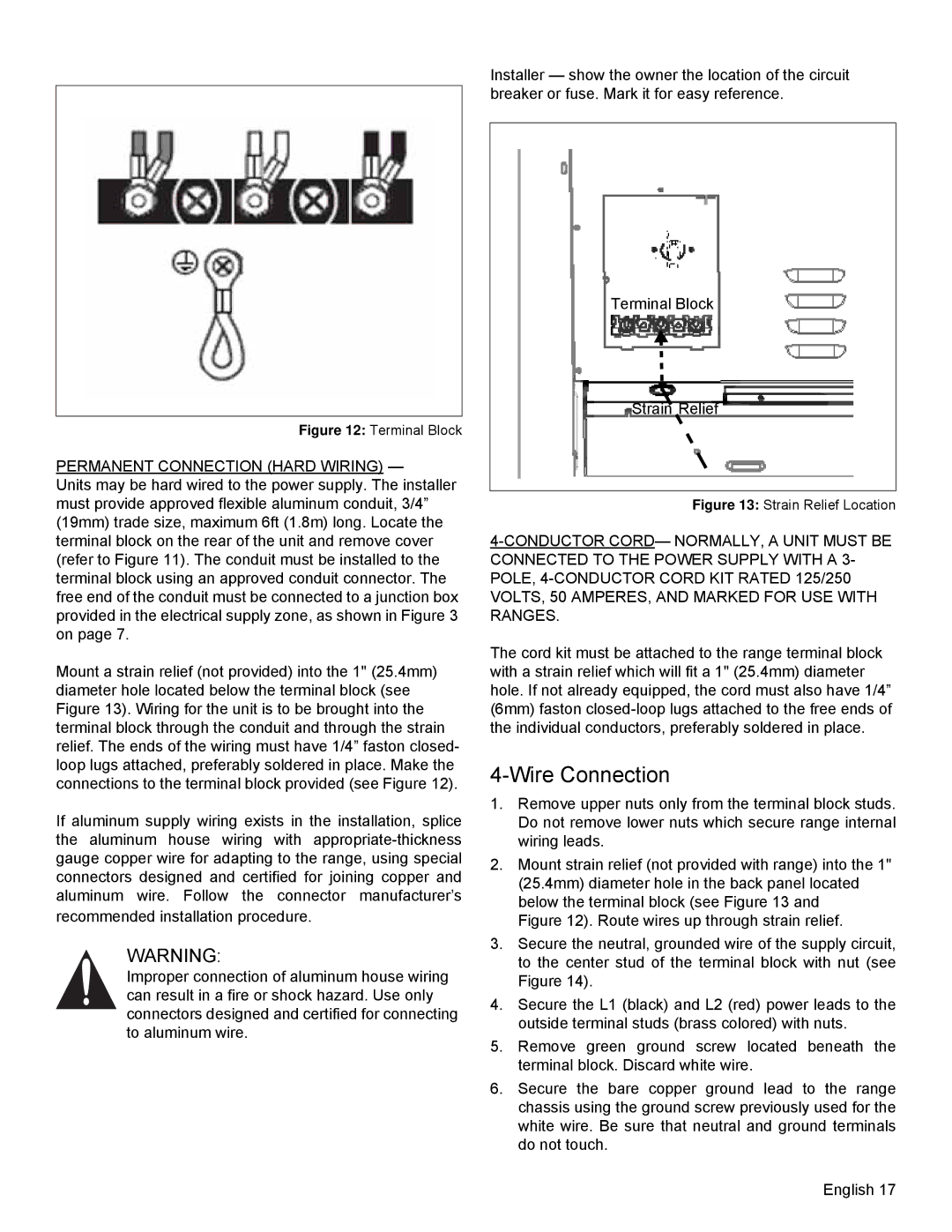 Thermador PRD36, PRD48 installation manual Wire Connection, Permanent Connection Hard Wiring 