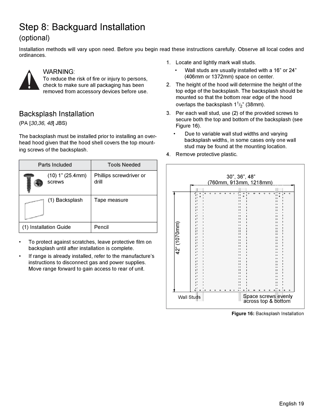 Thermador PRD36, PRD48 installation manual Backguard Installation, Optional, Backsplash Installation 