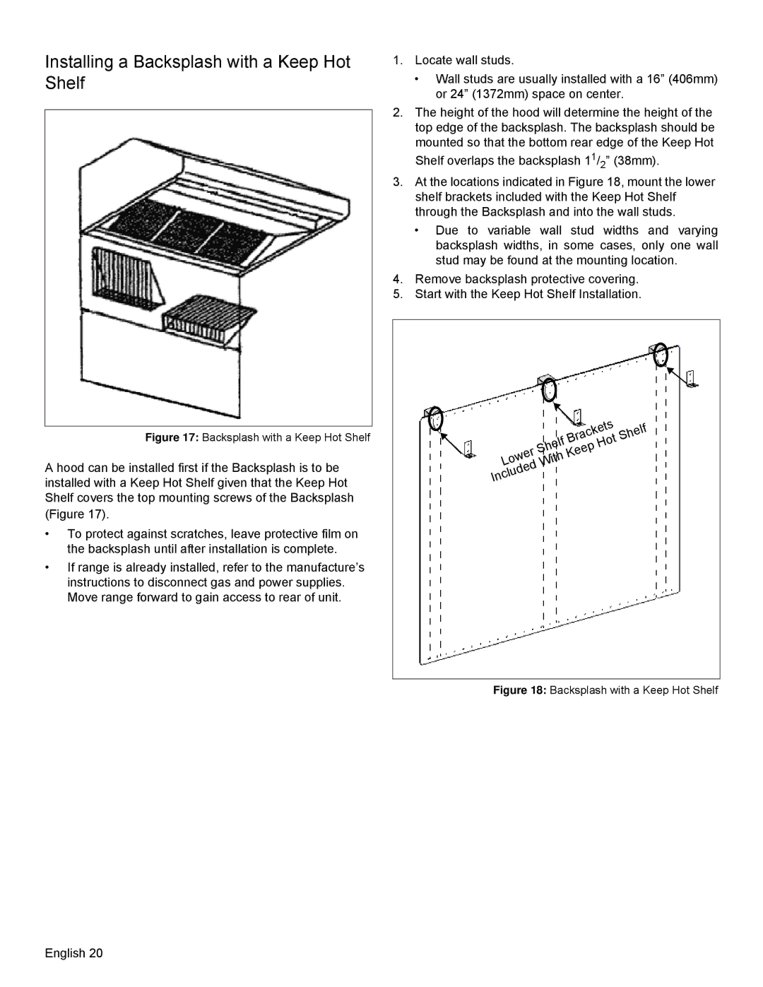 Thermador PRD48, PRD36 installation manual Installing a Backsplash with a Keep Hot Shelf 