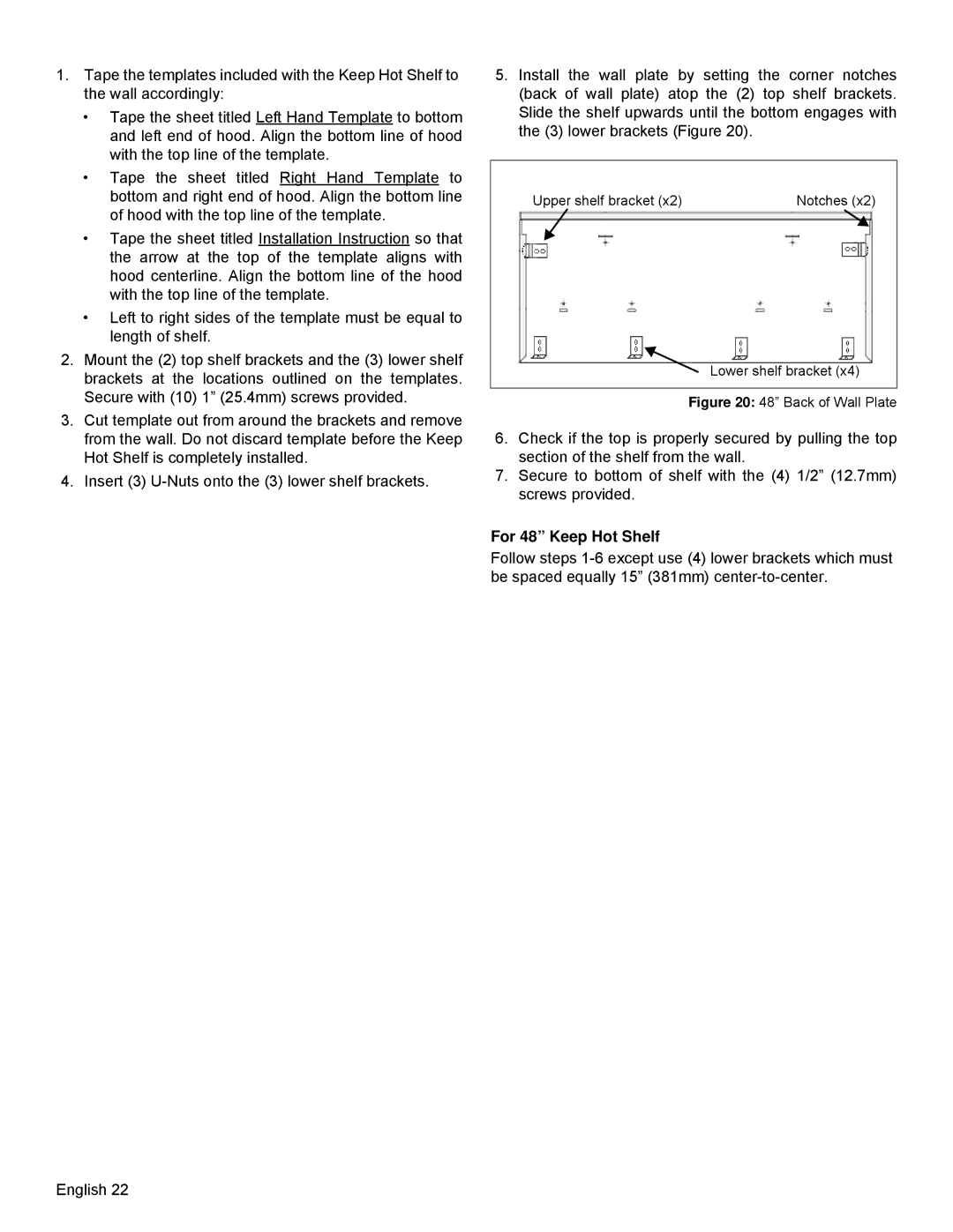 Thermador PRD48, PRD36 installation manual For 48 Keep Hot Shelf, Back of Wall Plate 