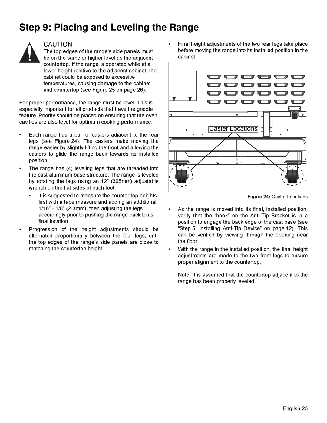 Thermador PRD36, PRD48 installation manual Placing and Leveling the Range, Caster Locations 