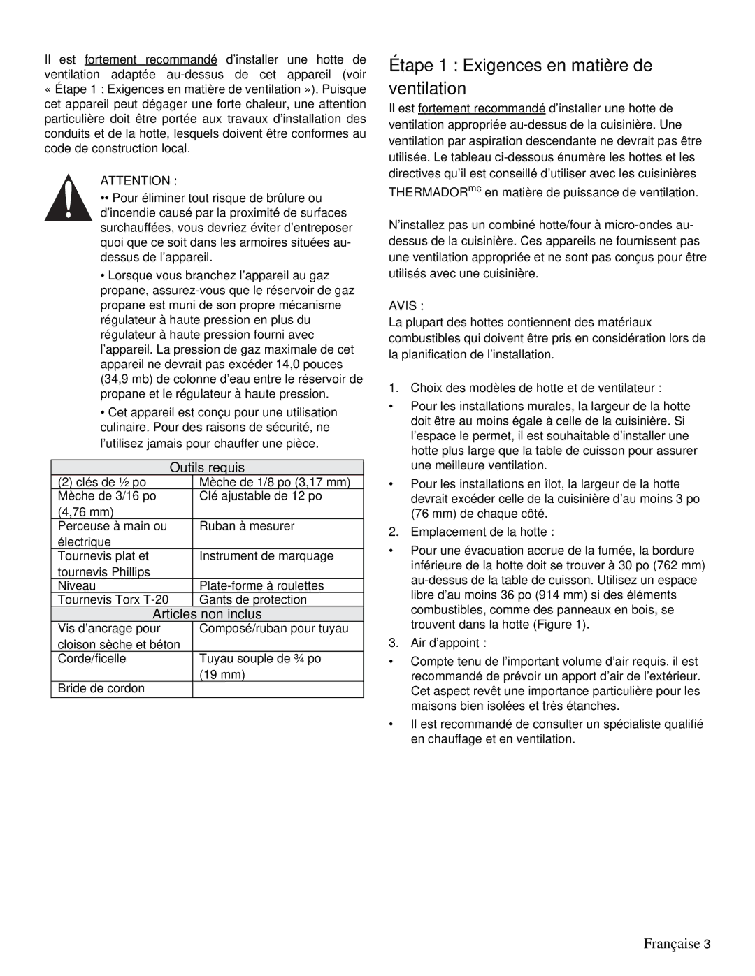 Thermador PRD48, PRD36 installation manual Étape 1 Exigences en matière de ventilation, Avis 