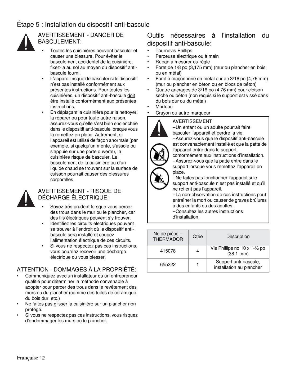 Thermador PRD36, PRD48 Étape 5 Installation du dispositif anti-bascule, Avertissement Danger DE Basculement 