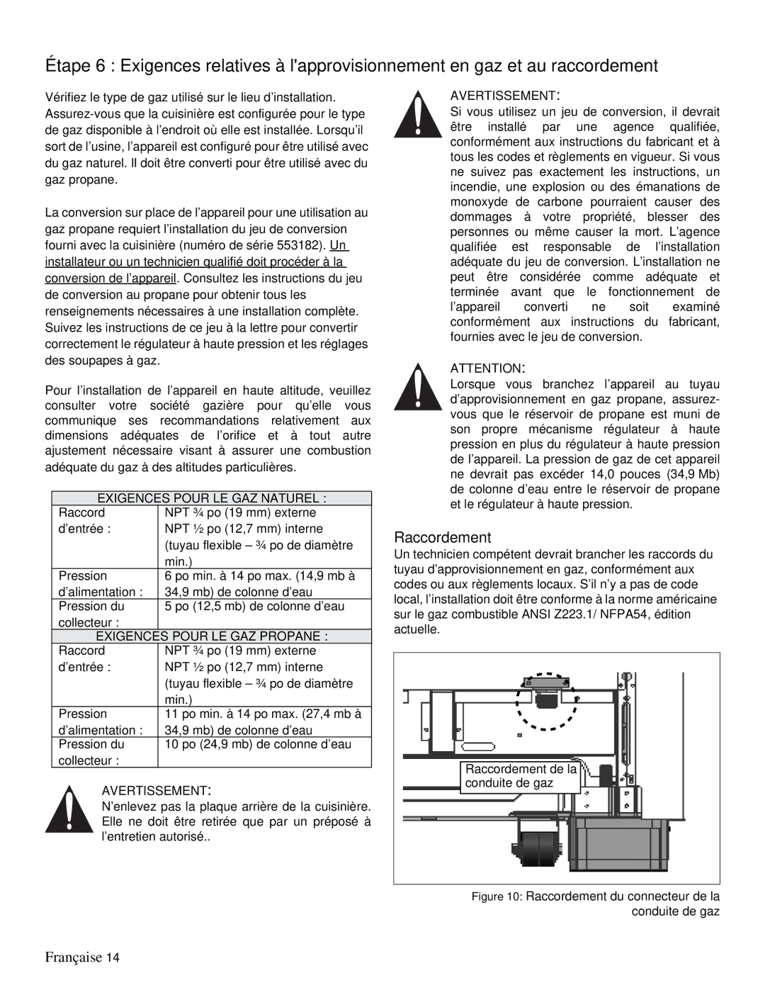 Thermador PRD36, PRD48 installation manual Raccordement, Exigences Pour LE GAZ Naturel, Pour LE GAZ Propane 