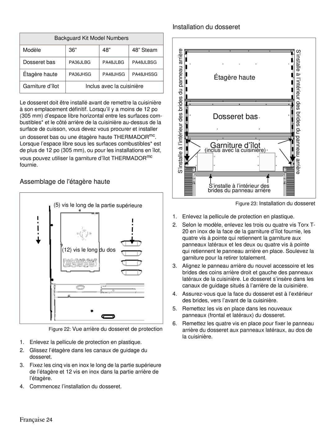 Thermador PRD36, PRD48 installation manual Assemblage de létagère haute, Installation du dosseret, Étagère haute 