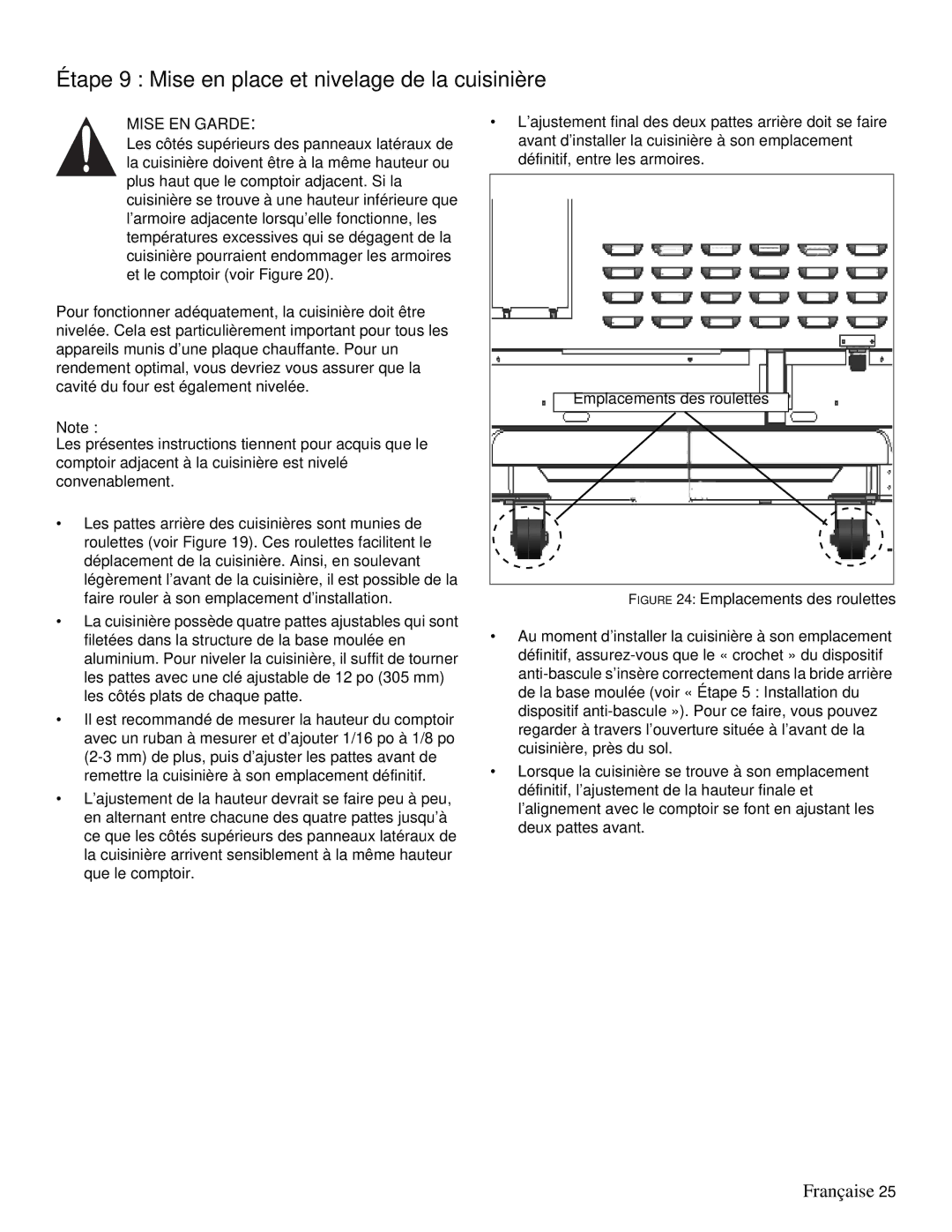 Thermador PRD48, PRD36 installation manual Étape 9 Mise en place et nivelage de la cuisinière, Mise EN Garde 