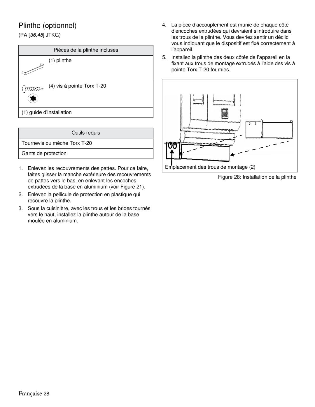 Thermador PRD36, PRD48 installation manual Plinthe optionnel, Installation de la plinthe 