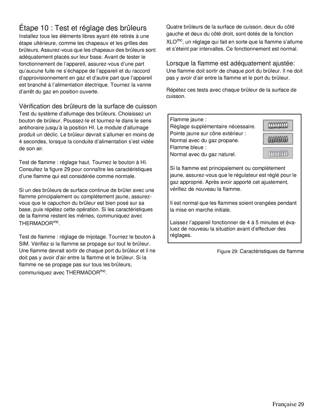 Thermador PRD48, PRD36 Étape 10 Test et réglage des brûleurs, Vérification des brûleurs de la surface de cuisson 