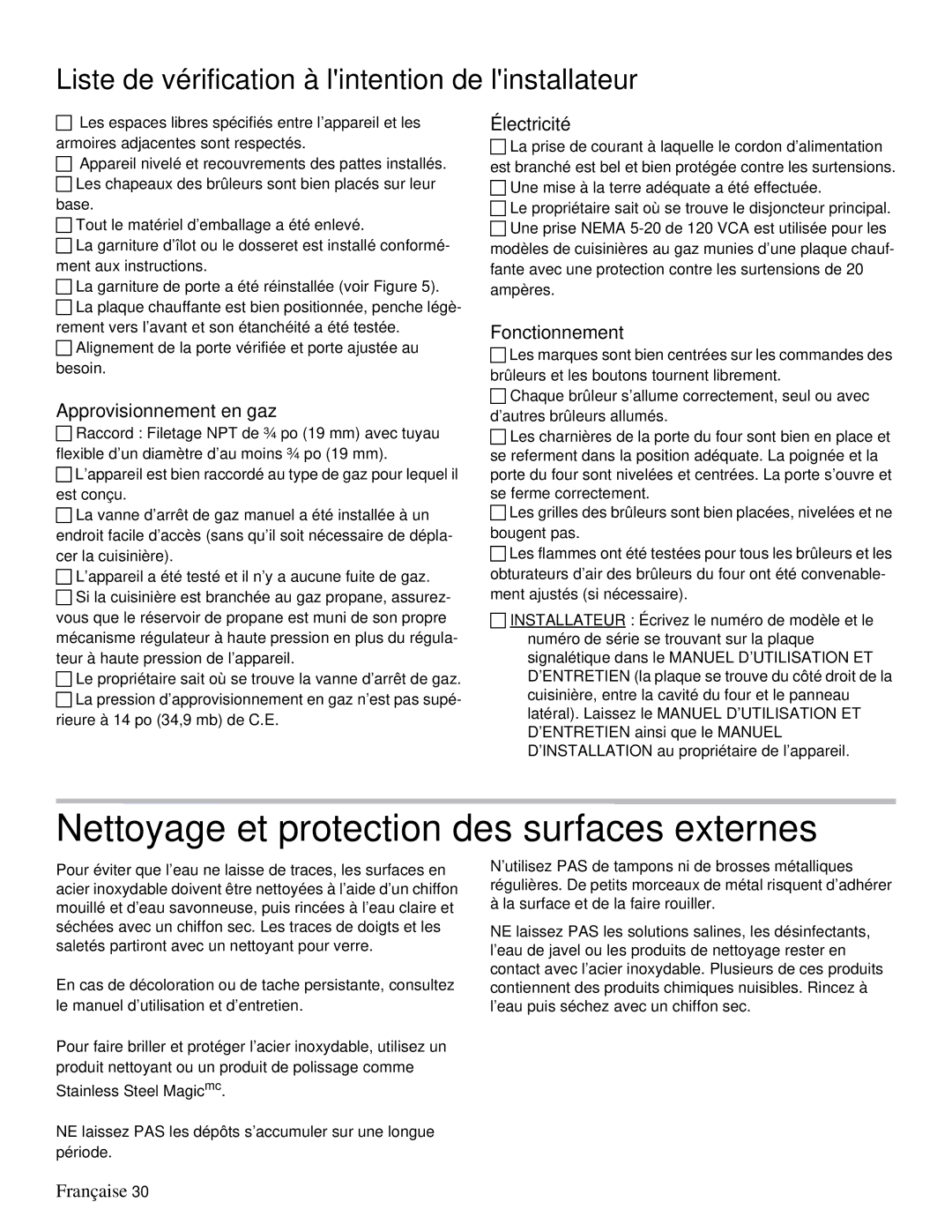 Thermador PRD36 Liste de vérification à lintention de linstallateur, Approvisionnement en gaz, Électricité, Fonctionnement 