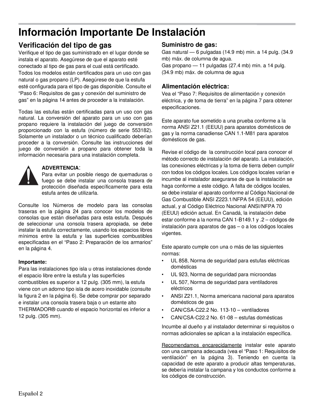 Thermador PRD36, PRD48 Verificación del tipo de gas, Suministro de gas, Alimentación eléctrica, Importante 