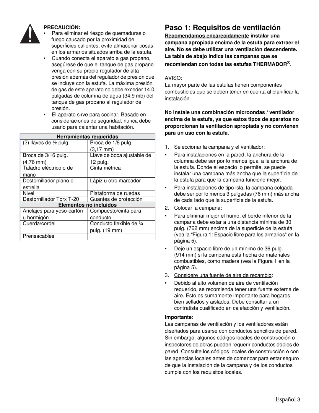 Thermador PRD48, PRD36 Paso 1 Requisitos de ventilación, Herramientas requeridas, Elementos No incluidos, Aviso 